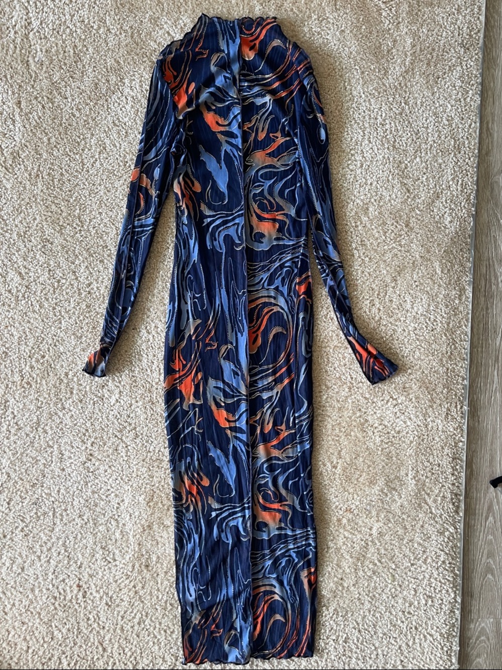 Long Sleeve Navy Blue & Orange Printed Maxi Dress